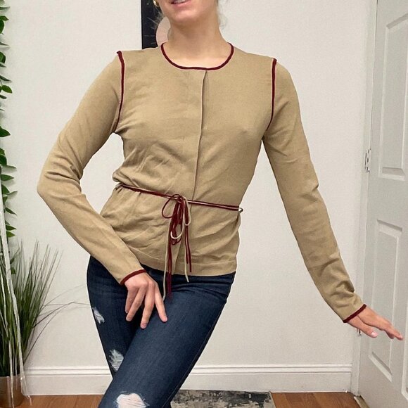White + Warren Crew Neck Button-Up Cardigan Sweater Tie-Waist Size S Tan - Picture 3 of 15
